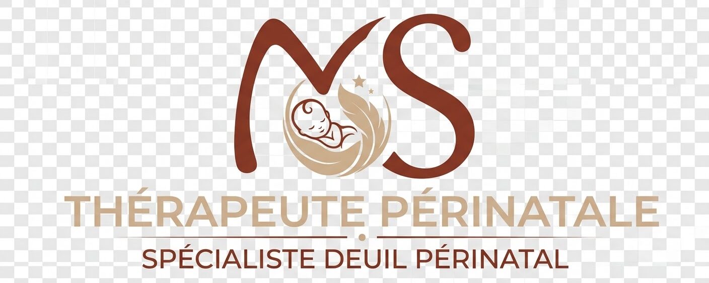Logo de Maryline Serrano, thérapeute en périnatalité et spécialiste du deuil périnatal — monogramme MS avec bébé endormi